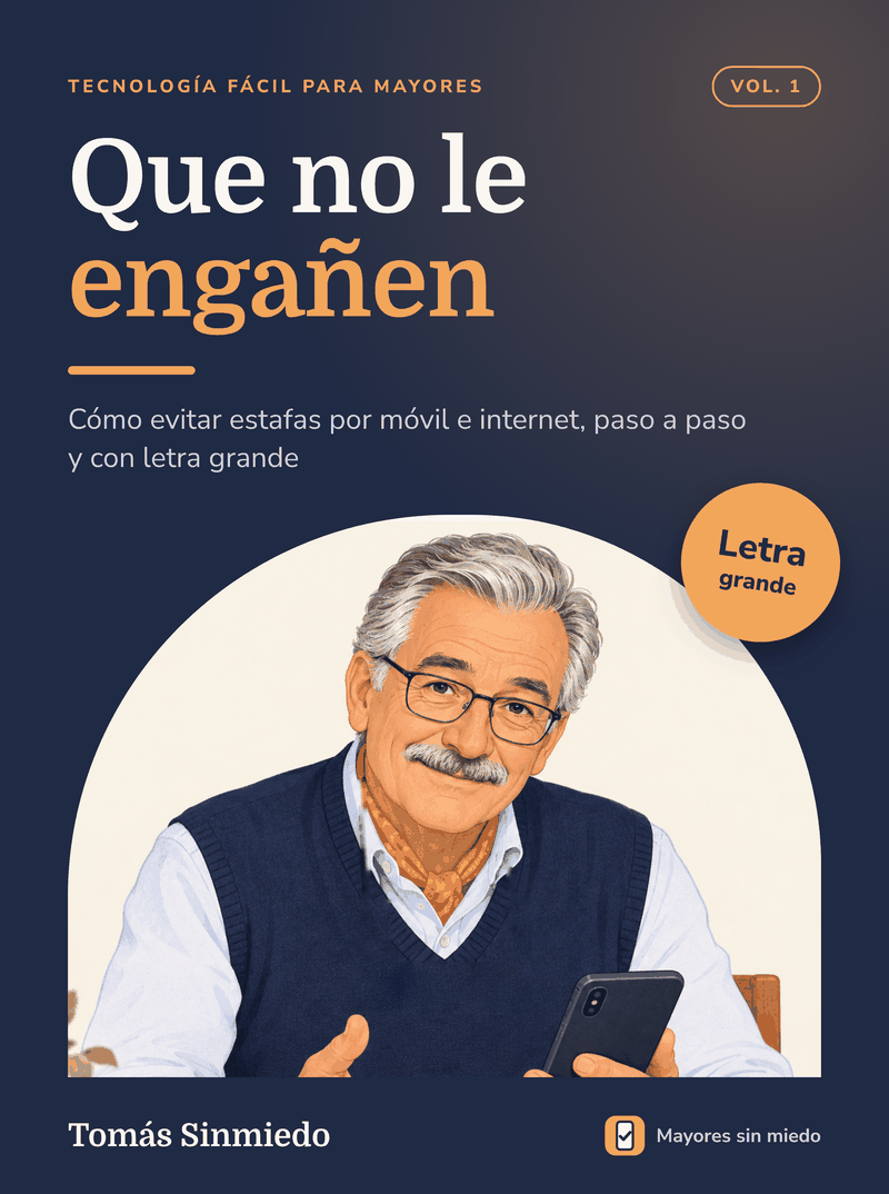 Portada del libro «Que no le engañen», con Tomás sonriendo y un móvil en la mano